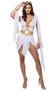 Sultry Goddess costume includes sleeveless faux dress bodysuit with bult in bra featuring adjustable shoulder straps and back hook and eye closure, plunging V neckline, long flowing sleeves with attached wrist cuffs, and draped skirt with front slits and ruched back. Oversized belt with chain accents and Pegasus design also included. Laurel leaf crown headpiece also included. Three piece set.