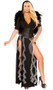 Midnight Angel costume includes hooded romper with deep V neckline and long sleeves with partial sheer glitter flared ends. Double slit long skirt with sheer sparkle ruffles and lace up faux leather waist cincher also included. Three piece set. 