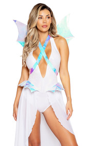 Glamorous Dragon costume includes reptile print romper with plunging neckline, halter neck with clasp back, attached sheer open front maxi skirt with reptile wing detailing, and zipper back closure. Pointy iridescent reptile wings with harness criss cross straps also included. Two piece set.