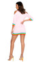 Unicorn Lover Dress costume includes cozy mini dress with cold shoulder cutouts, unicorn face screen print, three quarter sleeves, and rainbow trim. One piece set.