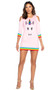 Unicorn Lover Dress costume includes cozy mini dress with cold shoulder cutouts, unicorn face screen print, three quarter sleeves, and rainbow trim. One piece set.