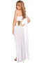 Grecian Babe costume includes one shoulder maxi dress with keyhole cut out, O ring, long draped shoulder accent, asymmetrical high low skirt, and draped front panel. Metallic lace up waist cincher also included. Two piece set.