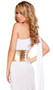 Grecian Babe costume includes one shoulder maxi dress with keyhole cut out, O ring, long draped shoulder accent, asymmetrical high low skirt, and draped front panel. Metallic lace up waist cincher also included. Two piece set.