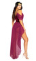 Wine Goddess costume includes sleeveless sequin and velvet romper with draped sleeves, deep V neckline, metallic trim, and attached sheer maxi skirt with high low hem. Grape headband also included. Two piece set.
