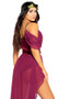 Wine Goddess costume includes sleeveless sequin and velvet romper with draped sleeves, deep V neckline, metallic trim, and attached sheer maxi skirt with high low hem. Grape headband also included. Two piece set.