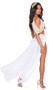 Goddess Glam costume includes sleeveless bodysuit with draped cold shoulder sleeves, gold design and trim, plunging neckline, open sides, and attached open front flowing maxi skirt. Gold leaf belt also included. Two piece set.