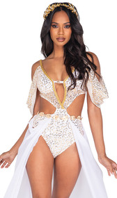 Goddess Glam costume includes sleeveless bodysuit with draped cold shoulder sleeves, gold design and trim, plunging neckline, open sides, and attached open front flowing maxi skirt. Gold leaf belt also included. Two piece set.
