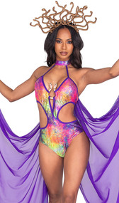 Mesmerizing Medusa costume includes sleeveless snakeskin print bodysuit snake accent, cut out open sides, high collar halter style neckline, and attached iridescent train with wrist cuffs. Plastic snake headband also included. Two piece set.