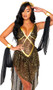 Glamorous Goddess costume includes sleeveless sequin maxi dress with asymmetrical high low skirt, metallic trim, deep V neckline, sheer panels, and attached arm draped with wrist cuffs. One piece set.