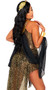 Glamorous Goddess costume includes sleeveless sequin maxi dress with asymmetrical high low skirt, metallic trim, deep V neckline, sheer panels, and attached arm draped with wrist cuffs. One piece set.