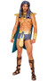 King Pharaoh of Egypt costume includes armor style collar with hieroglyphic print, faux jewels, O ring accent and detachable mid length velvet cape. Matching panel belt and gauntlets also included. Striped headdress and matching shorts also included. Five piece set.