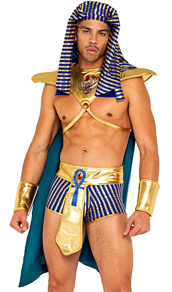King Pharaoh of Egypt costume includes armor style collar with hieroglyphic print, faux jewels, O ring accent and detachable mid length velvet cape. Matching panel belt and gauntlets also included. Striped headdress and matching shorts also included. Five piece set.