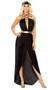 Greek Goddess costume includes sleeveless velvet dress with plunging neckline, metallic trim, draped open front maxi skirt, and criss cross lace up detailing around the neck and down the back. Matching headband with leaf detail also included. Two piece set.