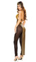Cleopatra costume includes padded metallic crop top with faux gem stone detail, ankh accent, halter neck and attached striped panel maxi skirt. Mesh tights and beaded headband also included. Three piece set.
