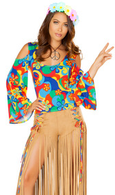 Hippie Princess costume includes groovy flower print top with cold shoulder long flared sleeves and faux suede shorts with long fringe faux skirt with lace up accents. Two piece set.