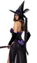 Dark Spell Seductress costume includes strapless velvet bodysuit with spider web print and satin pointy witch hat with feather and draped matching fabric also included. Faux leather waist cincher corset with hook front, lace up back and attached sheer draped long open front skirt also included. Three piece set.