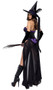 Dark Spell Seductress costume includes strapless velvet bodysuit with spider web print and satin pointy witch hat with feather and draped matching fabric also included. Faux leather waist cincher corset with hook front, lace up back and attached sheer draped long open front skirt also included. Three piece set.