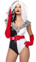 High Fashion Villain costume includes sleeveless two tone bodysuit with spotted faux fur collar, plunging V neckline and red vinyl belt. Two piece set.