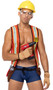 Construction Hard Worker costume includes open front sheer mesh safety vest with reflective stripes, denim look shorts, hard hat helmet, tool belt with select tools, and gloves. Five piece set.