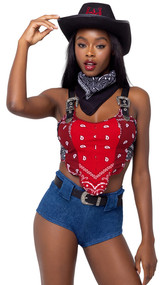 Western Cowgirl costume includes sleeveless paisley crop top featuring adjustable belt straps with buckle accents, lace up back and scalloped trim. Denim look shorts, belt and bandana also included. Four piece set.