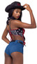 Western Cowgirl costume includes sleeveless paisley crop top featuring adjustable belt straps with buckle accents, lace up back and scalloped trim. Denim look shorts, belt and bandana also included. Four piece set.