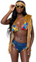Peace and Love Hippie costume includes groovy print crop top with wide shoulder straps and silver peace symbol ring accent and denim look low rise mini shorts with matching ruffle trim. Faux fur vest with faux suede fringe and matching headband also included. Four piece set.