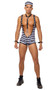 Prisoner of Desire costume includes striped low cut singlet with zipper front and matching hat. Faux leather harness with O rings, chain and cuffs also included. Three piece set.