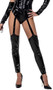 Feline Fetish costume includes sleeveless vinyl bodysuit with attached garters and stockings, waist cincher corset with lace up front and zipper back closure, and cat ears headpiece. Three piece set.