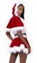 Northpole Vixen costume includes velvet hooded capelette with faux fur trim and buckled Santa style collar and matching flared skirt. Corset top with underboob cut out, contrast trim and hook front closure also included. Santa style belt with adjustable buckle closure also included. Four piece set.