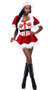 Northpole Vixen costume includes velvet hooded capelette with faux fur trim and buckled Santa style collar and matching flared skirt. Corset top with underboob cut out, contrast trim and hook front closure also included. Santa style belt with adjustable buckle closure also included. Four piece set.