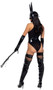 After Hours Playboy costume includes sheer sleeveless bodysuit featuring flocked Playboy Bunny logo design and high collar neckline. Vinyl waist cincher with lace up front and hook and eye back closure also included. Plastic bunny ears headpiece also included. Three piece set.