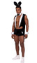 Playboy Tuxedo Bunny costume includes sleeveless velvet jacket with bunny buttons, contrast lapels, long coattails and embroidered Playboy Bunny logo back. Velvet trunks with bunny logo print, bunny tail, wrist cuffs, logo cufflinks, collar, bow tie, and rabbit ears also included. Eight piece set.