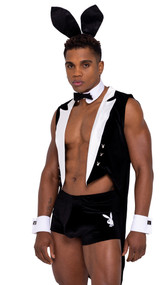 Playboy Tuxedo Bunny costume includes sleeveless velvet jacket with bunny buttons, contrast lapels, long coattails and embroidered Playboy Bunny logo back. Velvet trunks with bunny logo print, bunny tail, wrist cuffs, logo cufflinks, collar, bow tie, and rabbit ears also included. Eight piece set.