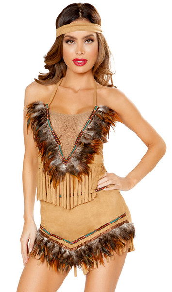 Cherokee Inspired Hottie costume includes faux suede crop top with feather detail, halter neck and fringe front. Matching mini skirt and headband also included. Three piece set.