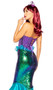 Majestic Mermaid costume includes strapless sequin corset with lace up back and side zipper, sequin mermaid skirt with layered iridescent organza trim, and shell tiara head piece. Three piece set.