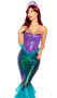 Majestic Mermaid costume includes strapless sequin corset with lace up back and side zipper, sequin mermaid skirt with layered iridescent organza trim, and shell tiara head piece. Three piece set.