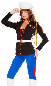 Sexy Marine Corporal costume includes long sleeve jacket with gold button closure, collar, braided aiguillette, and ranking patch details. Pants with side stripe and belt also included. Three piece set.