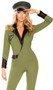 Military Army Babe costume includes coat style jumpsuit features faux leather collar and lapels over a V neckline, matching sleeve cuffs, faux breast pocket, star stud accents, fringe shoulder pad epaulettes and faux belt accent. One piece set.