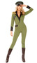 Military Army Babe costume includes coat style jumpsuit features faux leather collar and lapels over a V neckline, matching sleeve cuffs, faux breast pocket, star stud accents, fringe shoulder pad epaulettes and faux belt accent. One piece set.