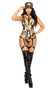 Army Hottie costume includes sleeveless camouflage bodysuit with faux leather studded harness over a plunging V neckline, collar with O ring, and matching attached leg garters. One piece set.