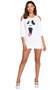 Silly Ghost Dress costume includes cozy mini dress with cold shoulder cutouts, ghost face screen print, and three quarter sleeves. One piece set.