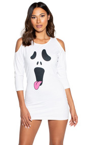 Silly Ghost Dress costume includes cozy mini dress with cold shoulder cutouts, ghost face screen print, and three quarter sleeves. One piece set.
