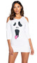 Silly Ghost Dress costume includes cozy mini dress with cold shoulder cutouts, ghost face screen print, and three quarter sleeves. One piece set.