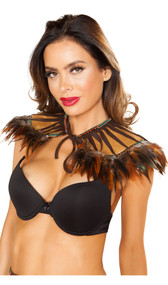 Native Amerian style neck piece features faux suede fabric with feather trim, turquoise accents, and front tie closure.