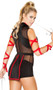 Ninja Striker costume includes sleeveless romper with sheer mesh panels, high collar neckline with contrast trim, and back zipper closure. Waist wrap with front and back panels and pair of arm straps also included. Three piece set.
