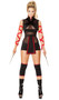 Ninja Striker costume includes sleeveless romper with sheer mesh panels, high collar neckline with contrast trim, and back zipper closure. Waist wrap with front and back panels and pair of arm straps also included. Three piece set.