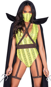 Desert Combat Ninja costume includes sleeveless snake print romper with attached faux leather leg garters and matching mask. Full length cape with attached hood and shoulder pads also included. Faux leather holster with back hook and loop closure also included. Four piece set.