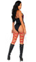 Ninjas Vengeance costume includes sleeveless bodysuit with dragon print, contrast lace up sides with grommet details, high collar halter style neckline, keyhole with deep V cut out, and attached leg wraps. One piece set.