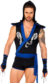 Ninja Warrior costume includes sleeveless tunic with silver Dragon print, contrast blue trim and sash, shoulder pads and attached hood. Gauntlets with contrast wraps and trunks also included. Three piece set.
