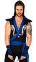 Ninja Warrior costume includes sleeveless tunic with silver Dragon print, contrast blue trim and sash, shoulder pads and attached hood. Gauntlets with contrast wraps and trunks also included. Three piece set.
